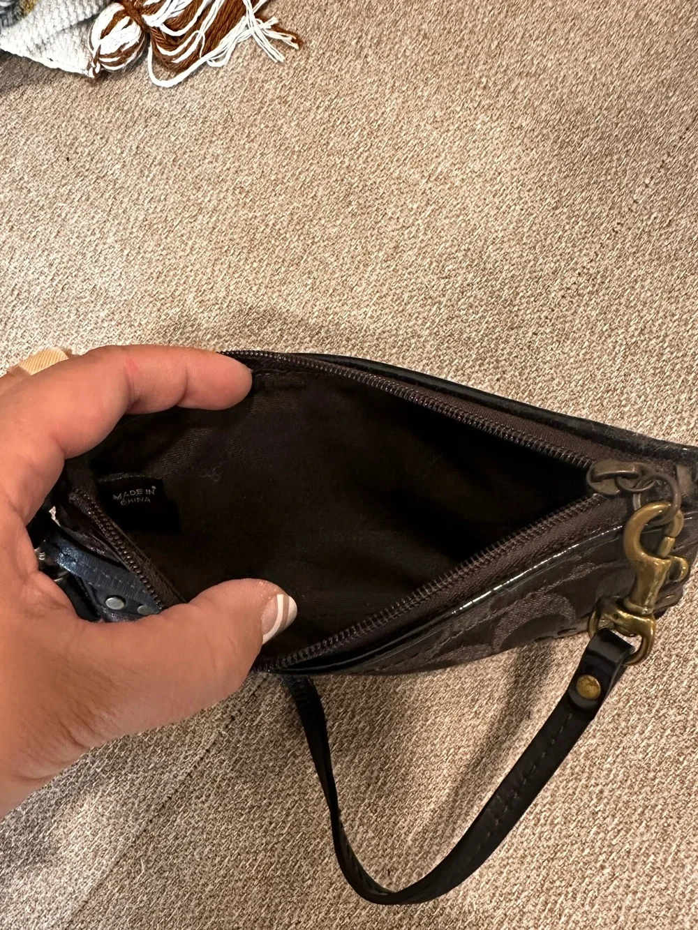 Coach Brown Sig. Studded Lurex Canvas, Patent Leather strap Wristlet